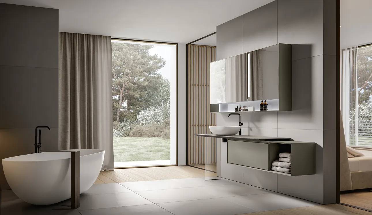 Mobile da Bagno sospeso Crio 2309 laccato opaco Talpa con top in Laminam Pietra Piasentina di Edoné