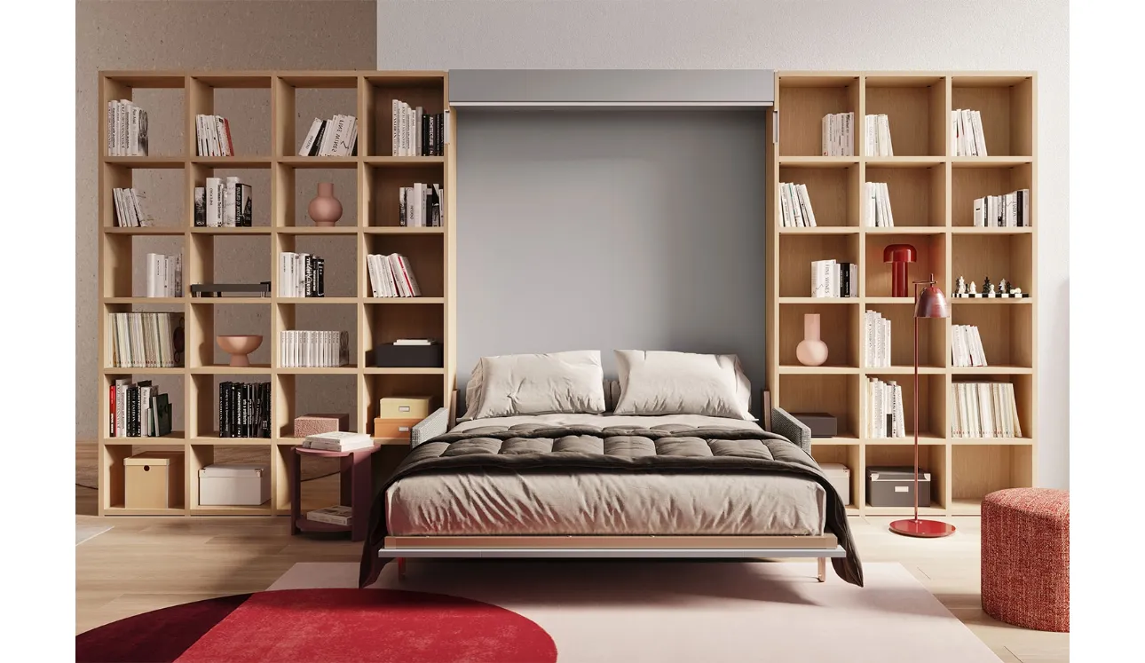 Letto matrimoniale a scomparsa con divano integrato e libreria Im 22 04 Nobu in melaminico Rovere e laccato opaco di Clever