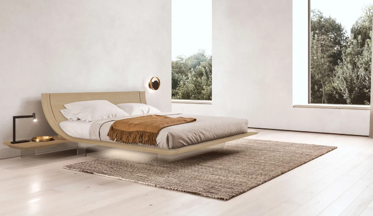 Letto di design Aqua in essenza rovere seppia con testiera di Presotto