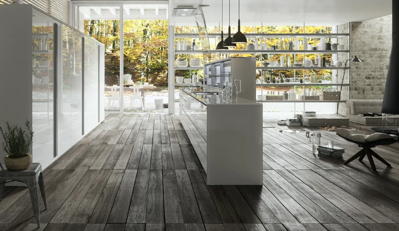 Cucina Design con isola Artematica Vitrum Bianco Lucido di Valcucine