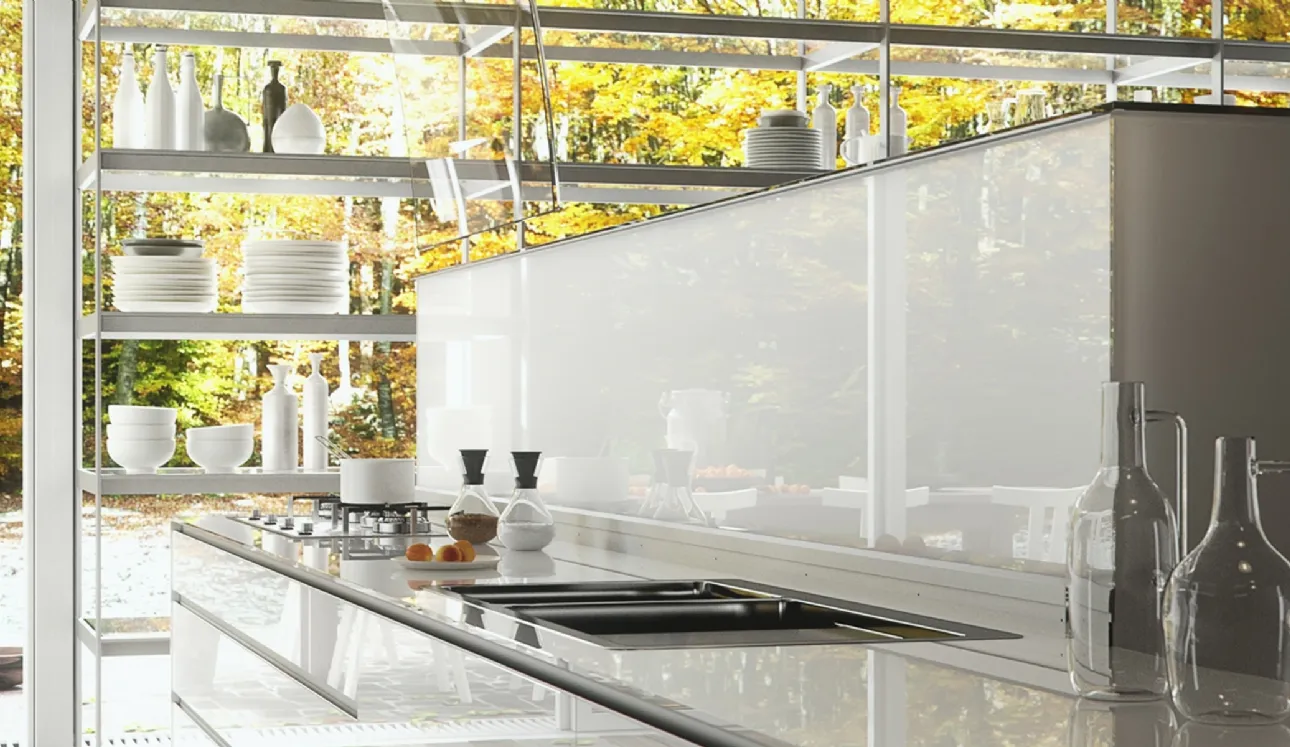 Cucina Design con isola in vetro temprato Artematica Vitrum Bianco Lucido di Valcucine